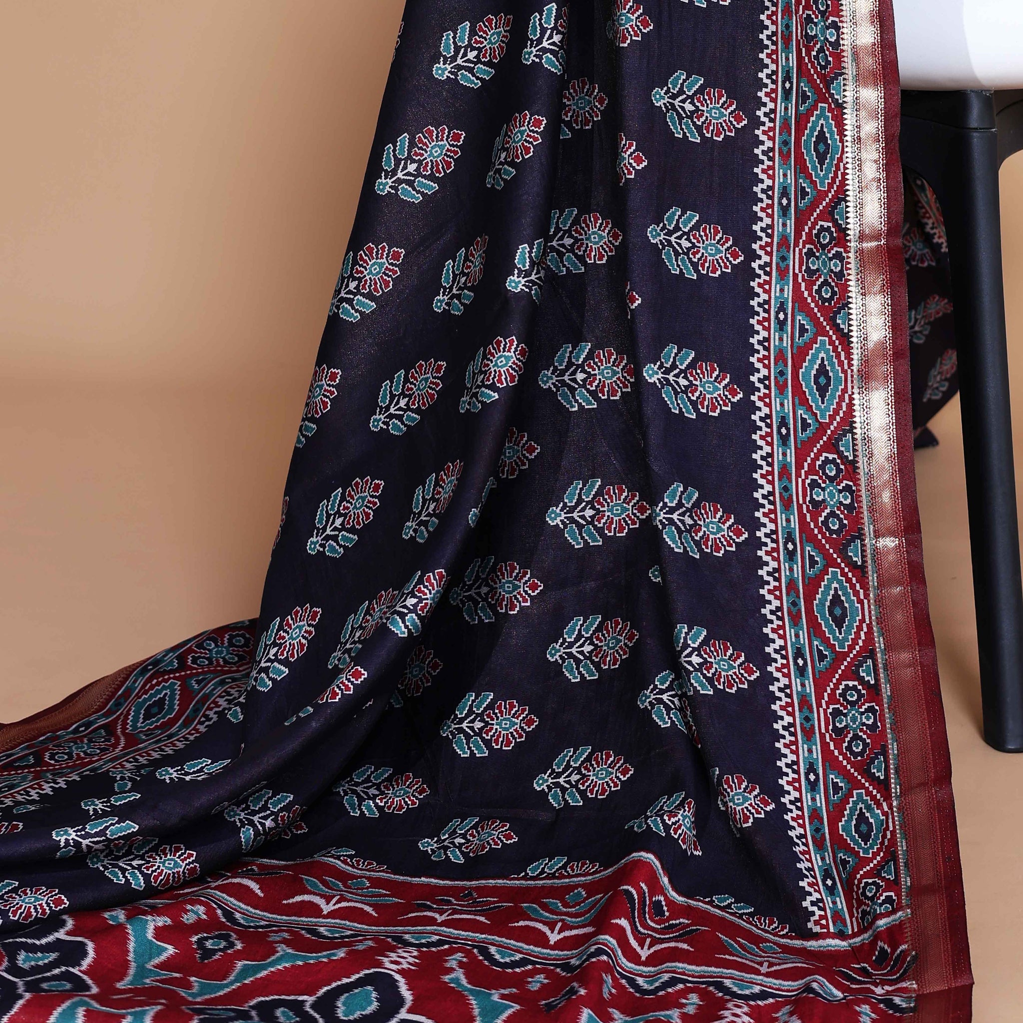 Navy Blue Patola Silk Saree with Intricate Floral Motifs