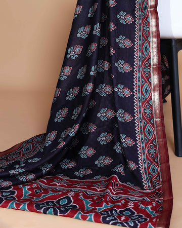 Navy Blue Patola Silk Saree with Intricate Floral Motifs