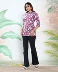 Women’s All-Over Floral Print Kurti with Mandarin Collar 3/4th Sleeves and Flared Hem, Dark Purple Full View