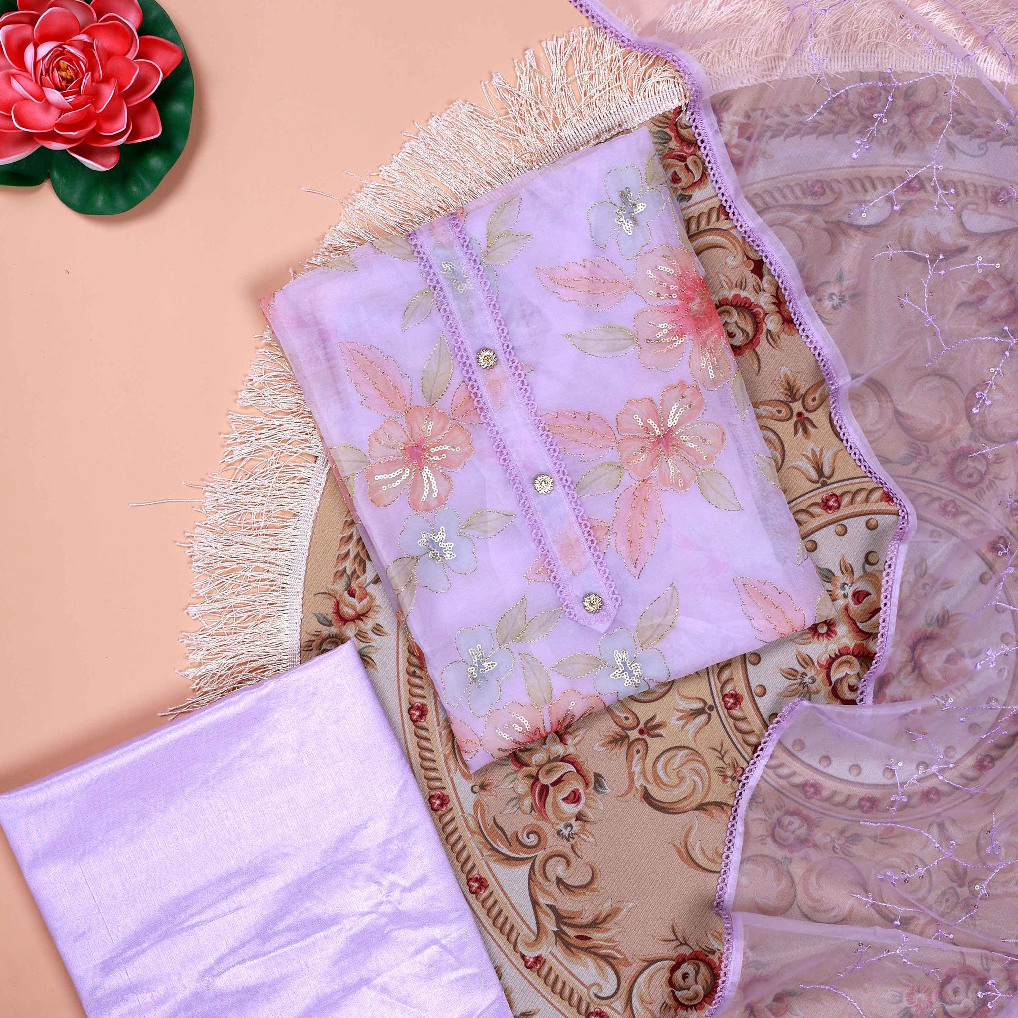 Women's Floral Embroidered Salwar Suit Material with Beaded Neckline and Net Dupatta - Purple