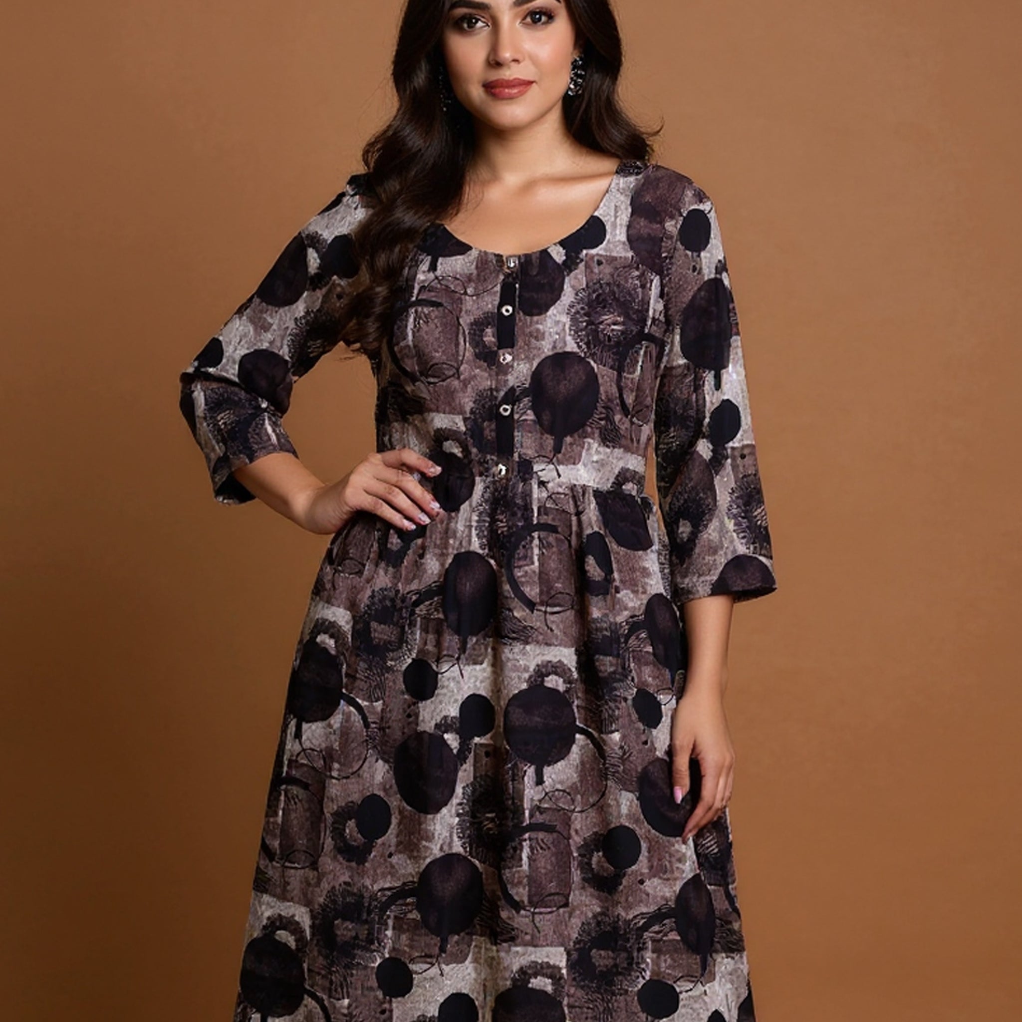 Maternity Wear  - Brown Muted Brown & Black Organic Print Women's Feeding Top