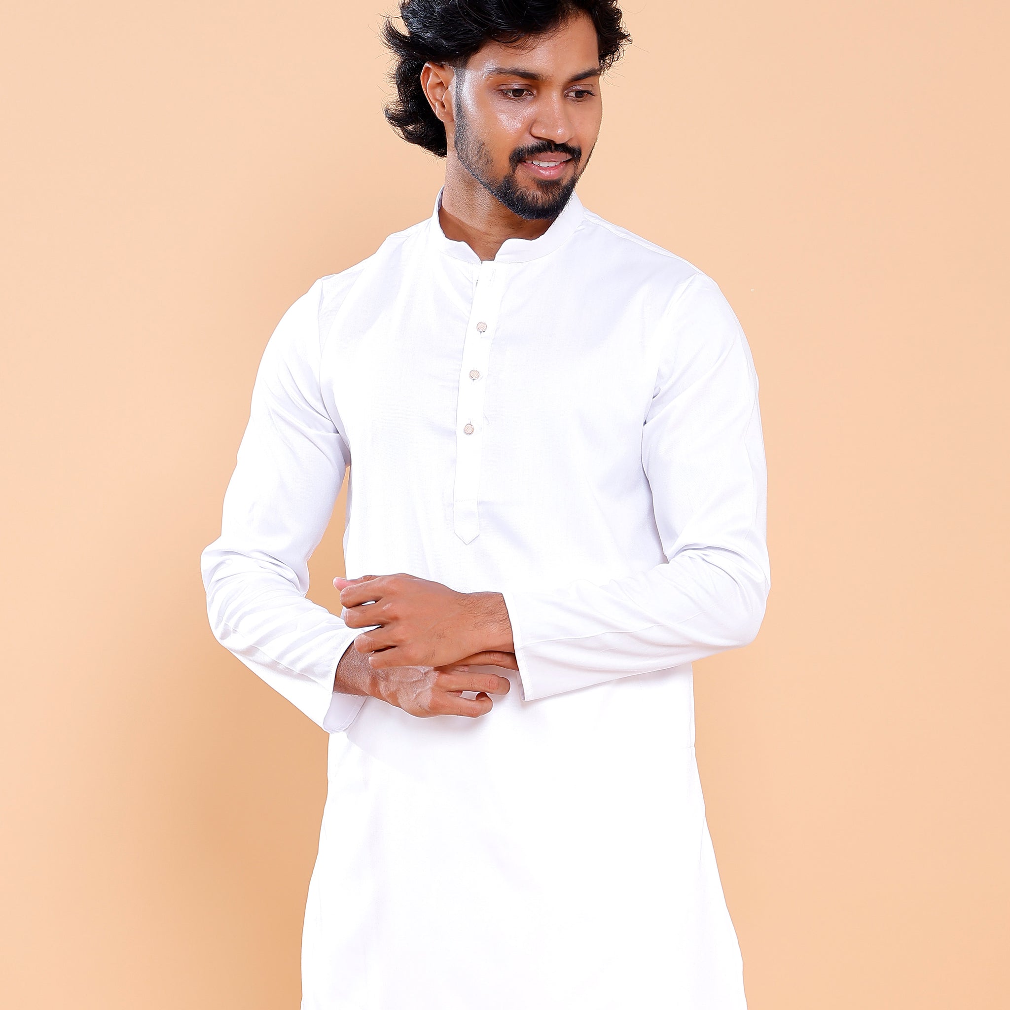 Elegant Men's Solid Straight Fit Kurta with Long Sleeves and Band Collar - White