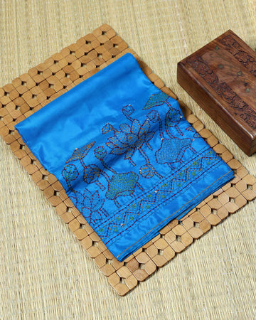 Elegant Lotus Floral Hand Embroidered Women’s Blouse Material with Traditional Border Work - Blue