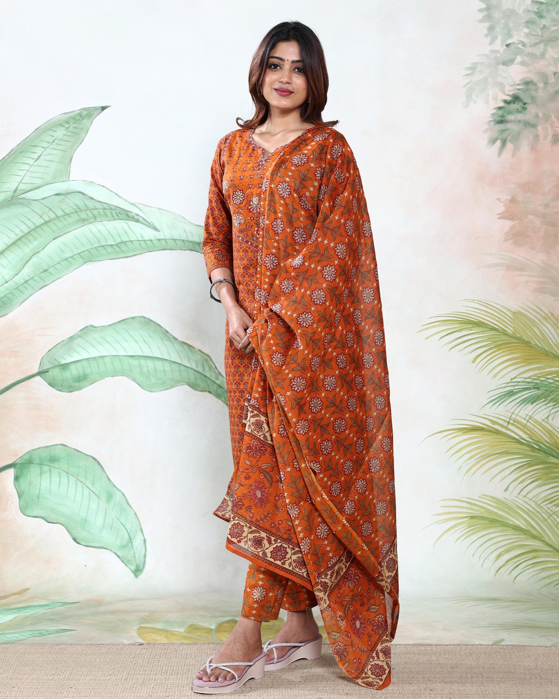 Women’s Printed Readymade Salwar Suit Set with Straight Kurta Matching Pants and Dupatta, Orange