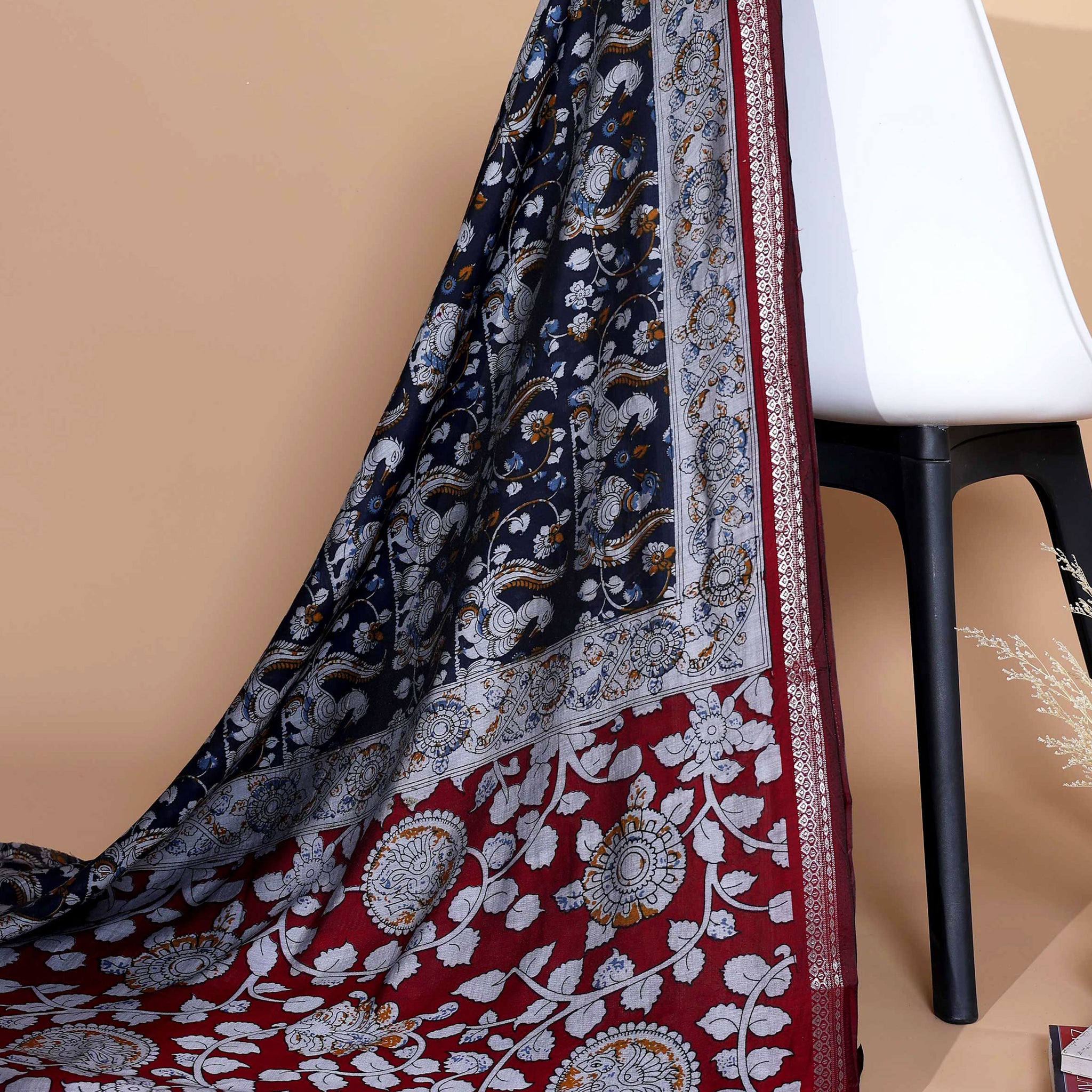 Elegant Semi Chanderi Saree with Traditional Kalamkari Handcrafted Motifs and Intricate Zari Border - Navy Blue