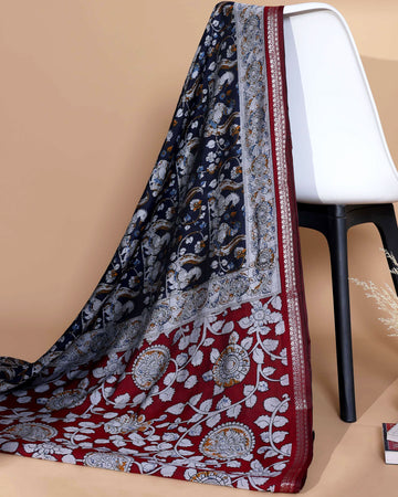 Elegant Semi Chanderi Saree with Traditional Kalamkari Handcrafted Motifs and Intricate Zari Border - Navy Blue