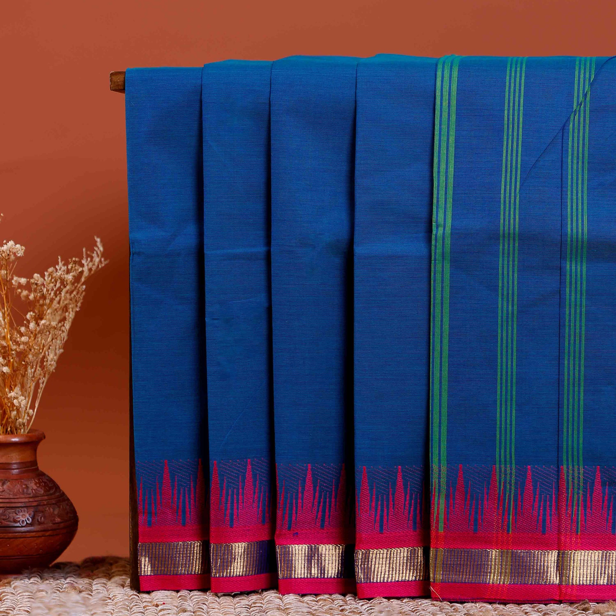Traditional Chettinad Cotton Saree with Contrast Temple Border and Intricate Zari Detailing - Blue