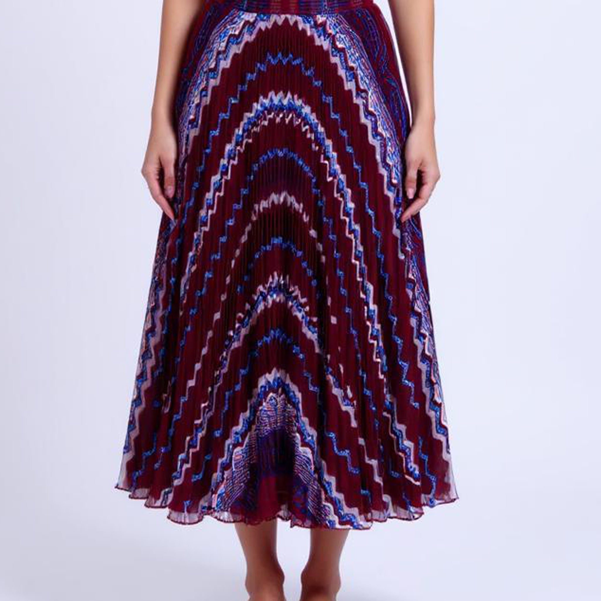 Geometric Pleated A-Line Midi Skirt - Maroon
