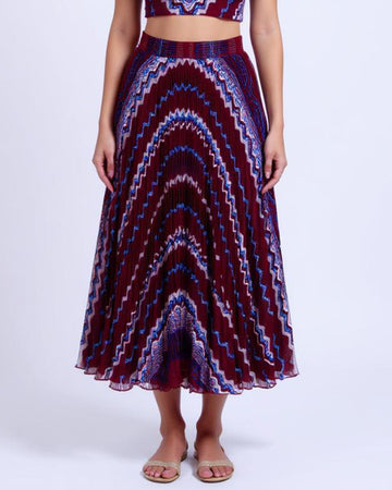 Geometric Pleated A-Line Midi Skirt - Maroon
