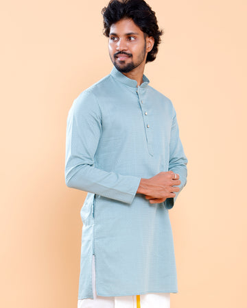 Elegant Men's Woven Design Kurta with Mandarin Collar and Full Sleeves  - Light Blue