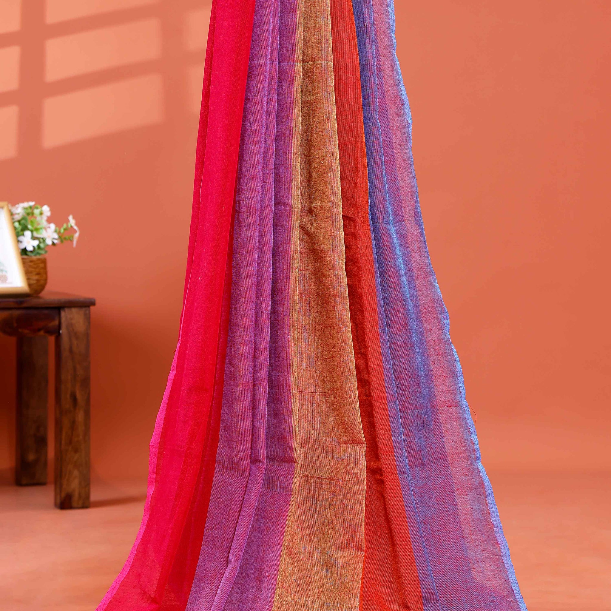 Handwoven Mul Mul Cotton Saree with Bold Striped Pattern and Tassel Detailing – Multi