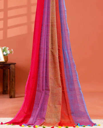 Handwoven Mul Mul Cotton Saree with Bold Striped Pattern and Tassel Detailing – Multi