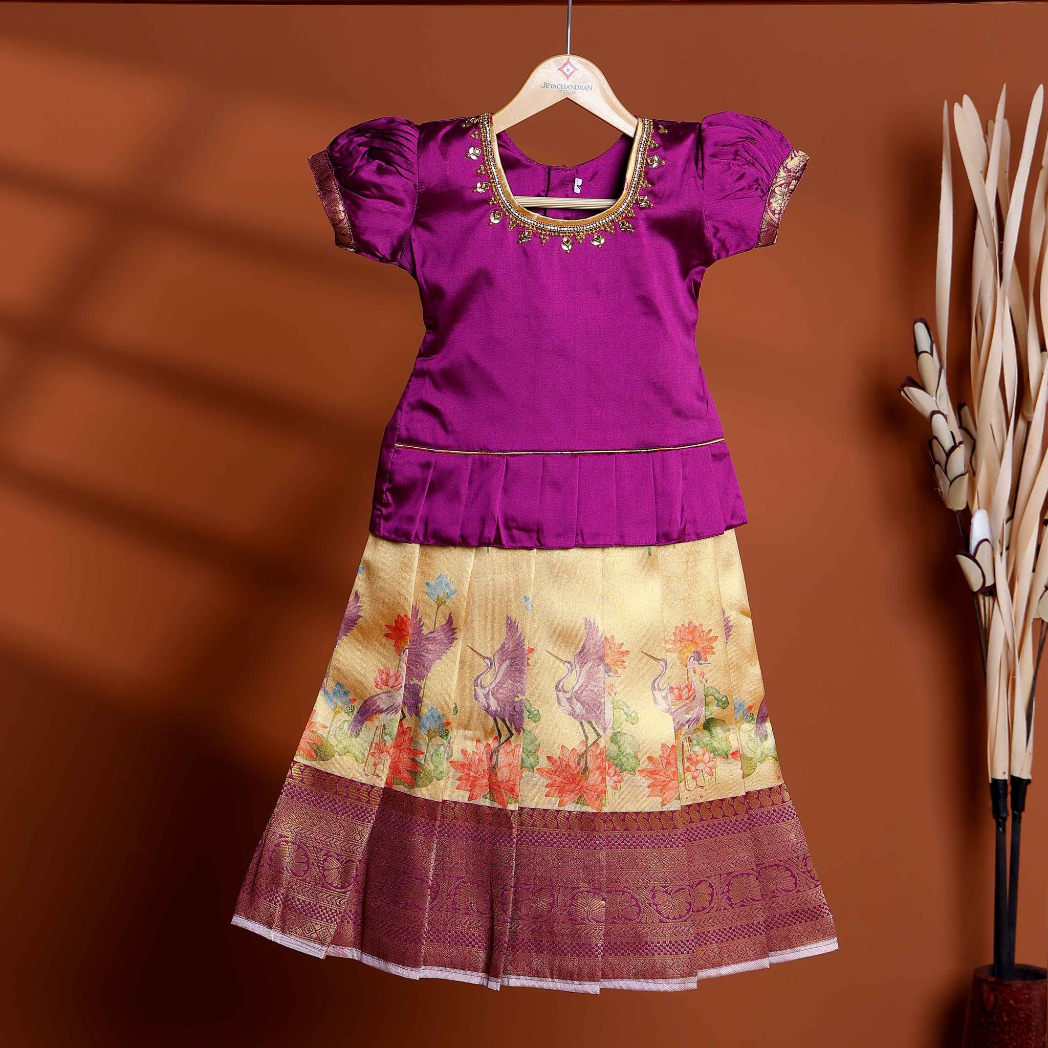 Elegant Kids Readymade Pattu Pavadai with Traditional Peacock Motif Skirt - Purple