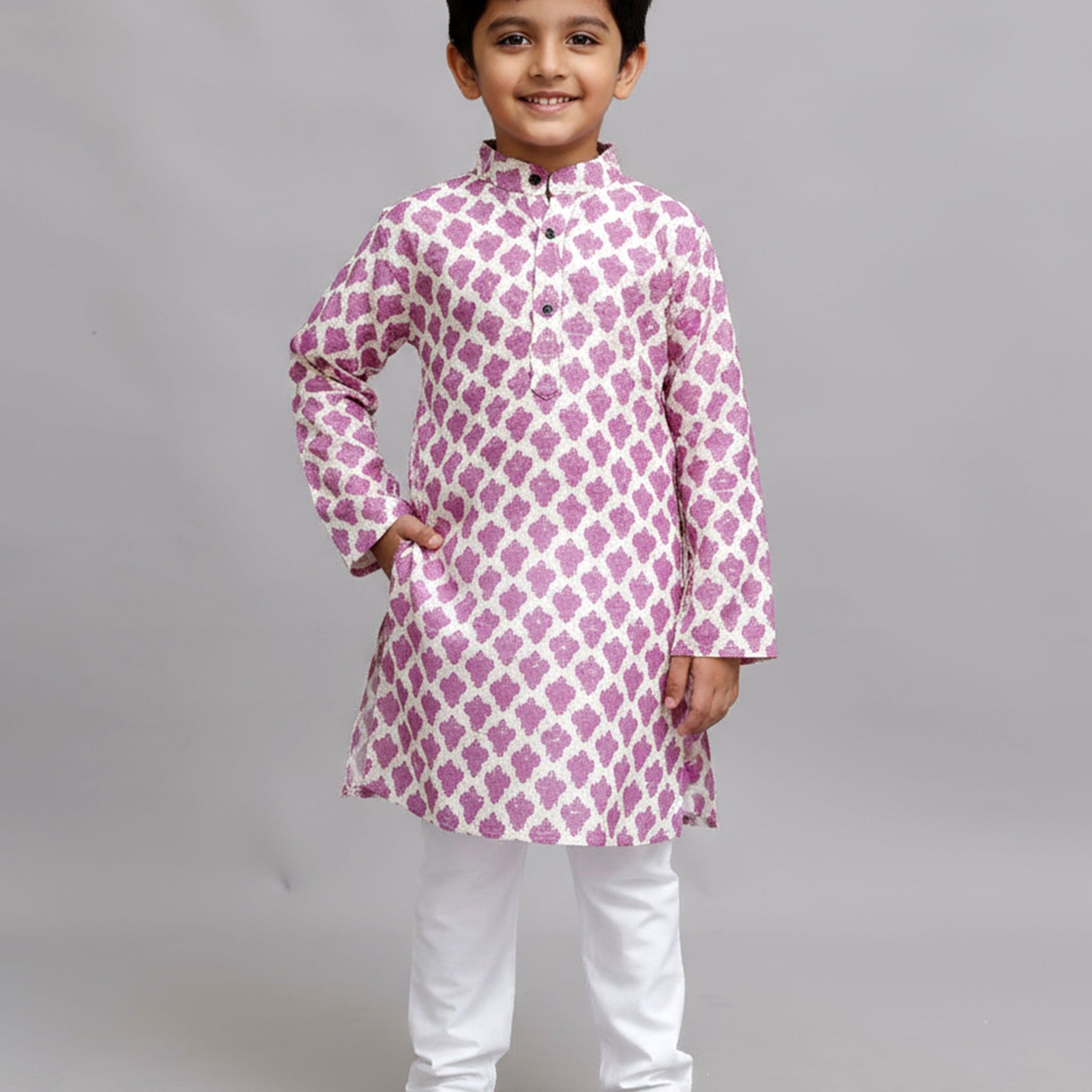 Boys White Kurta Set with Pink Ikat-Inspired Print