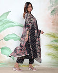 Women’s Floral Printed Readymade Salwar Suit Set with A-Line Kurta Matching Bottom and Designer Dupatta, Black
