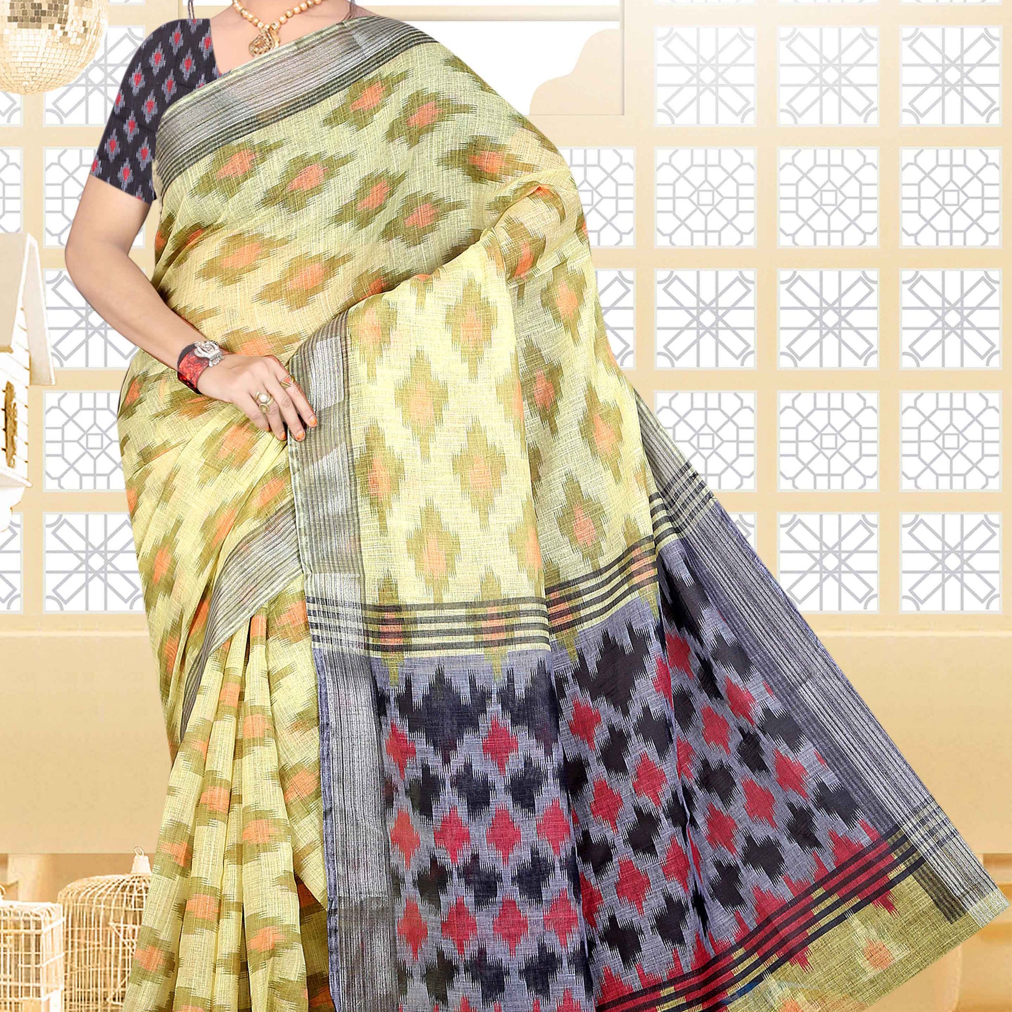 Golden Color Ikkat Saree - IK04