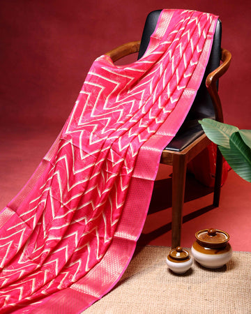 Elegant Dola Saree with Chevron and Floral Inspired Print and Classic Zari Woven Border - Pink