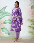 Elegant Floral Printed Women’s Readymade Salwar Suit Set with Straight Kurta Patterned Pants and Matching Dupatta, Violet Side View