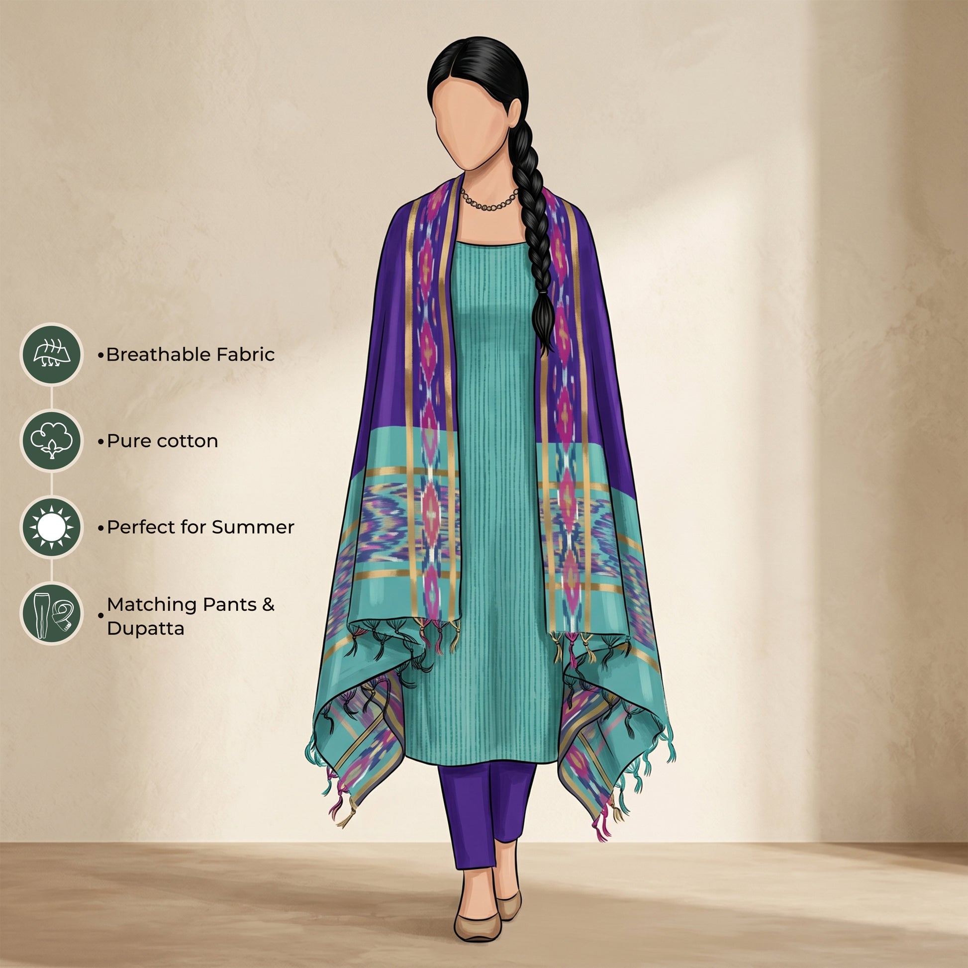 Aqua Blue Cotton Salwar Material With Textured Weave Blue Dupatta And Striped Border Front View
