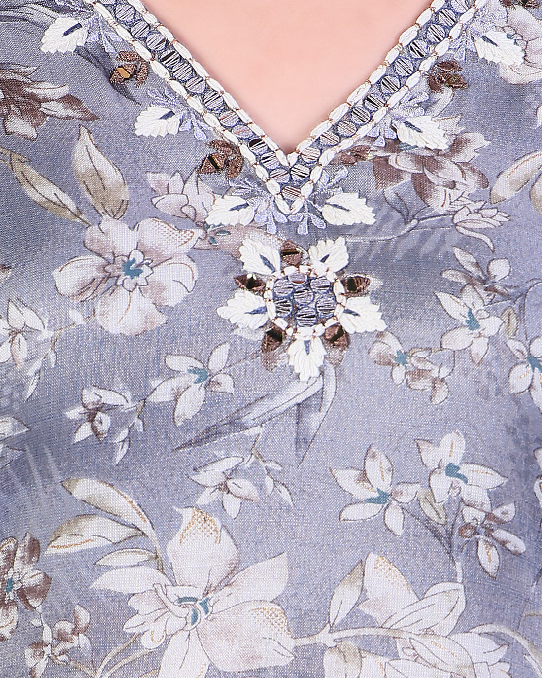 Graceful Floral Printed Kurta with Striped Palazzo - Grey