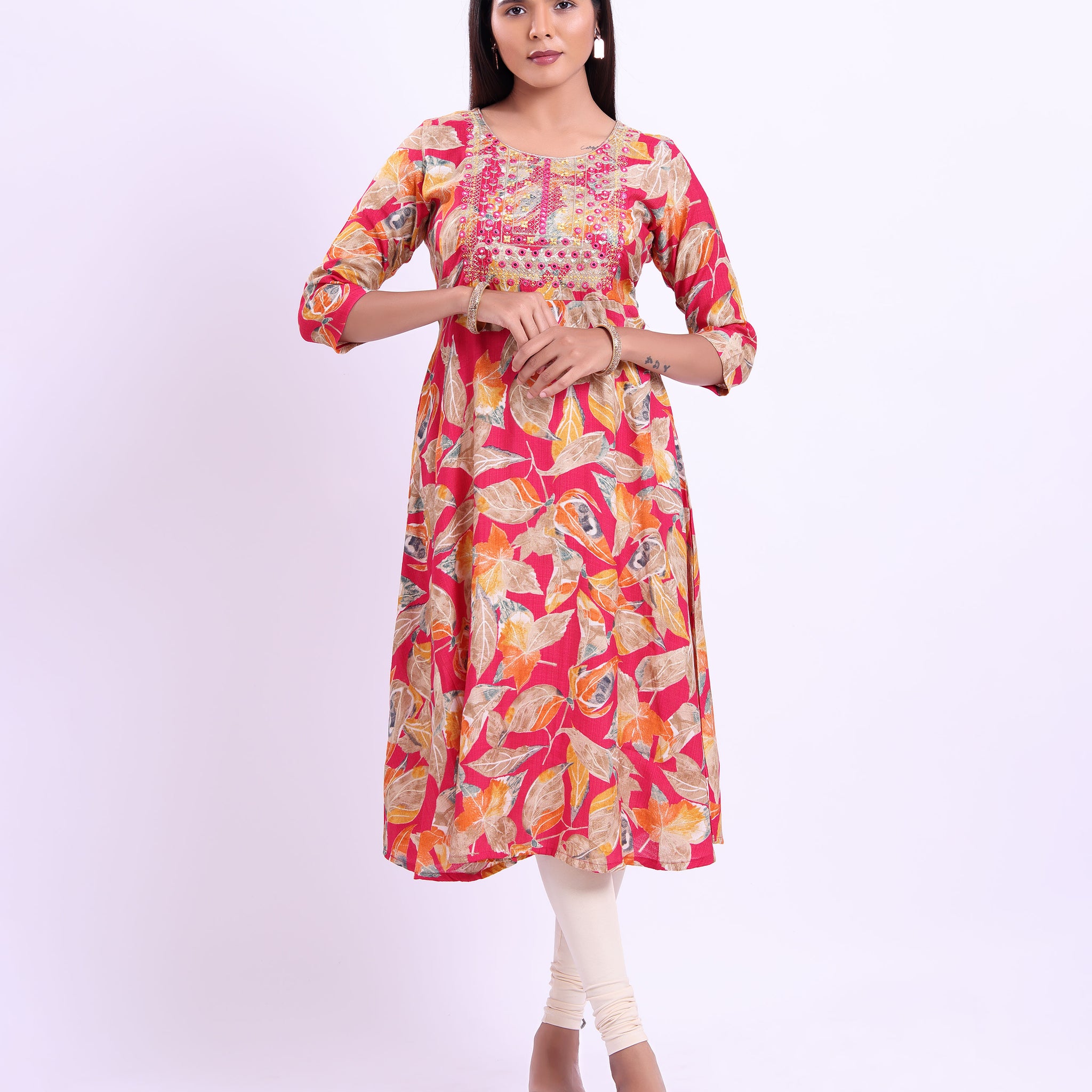 Women's Elegant Embroidered & Printed Flared Kurta  - Pink