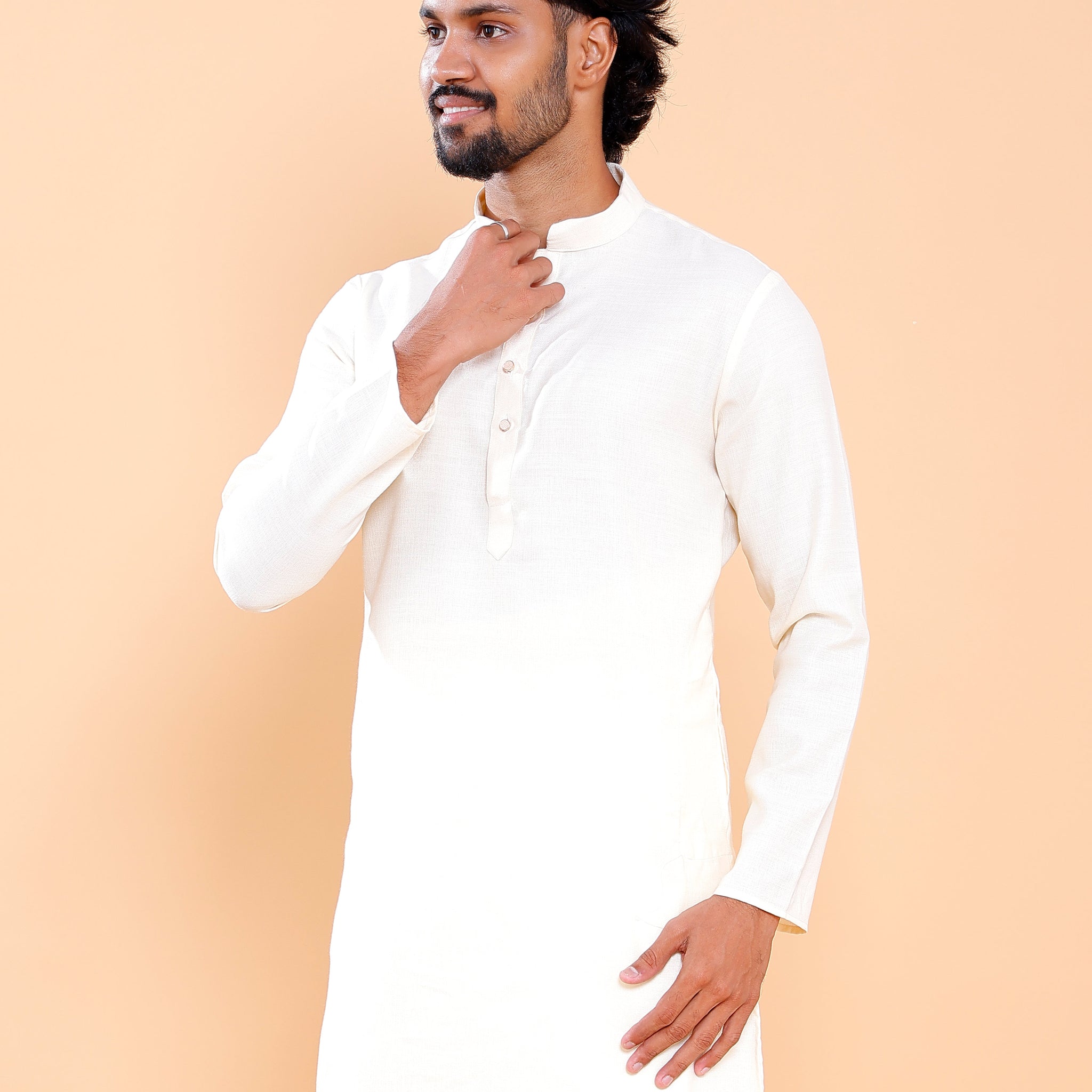 Elegant Men's Solid Mandarin Collar Kurta with Full Sleeves - Cream