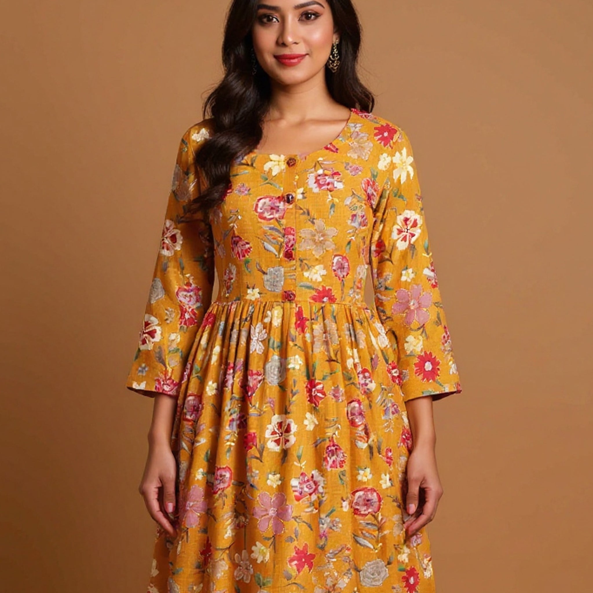 Maternity Wear  - Elegant Yellow Floral Print Button-Down Women's Feeding Top