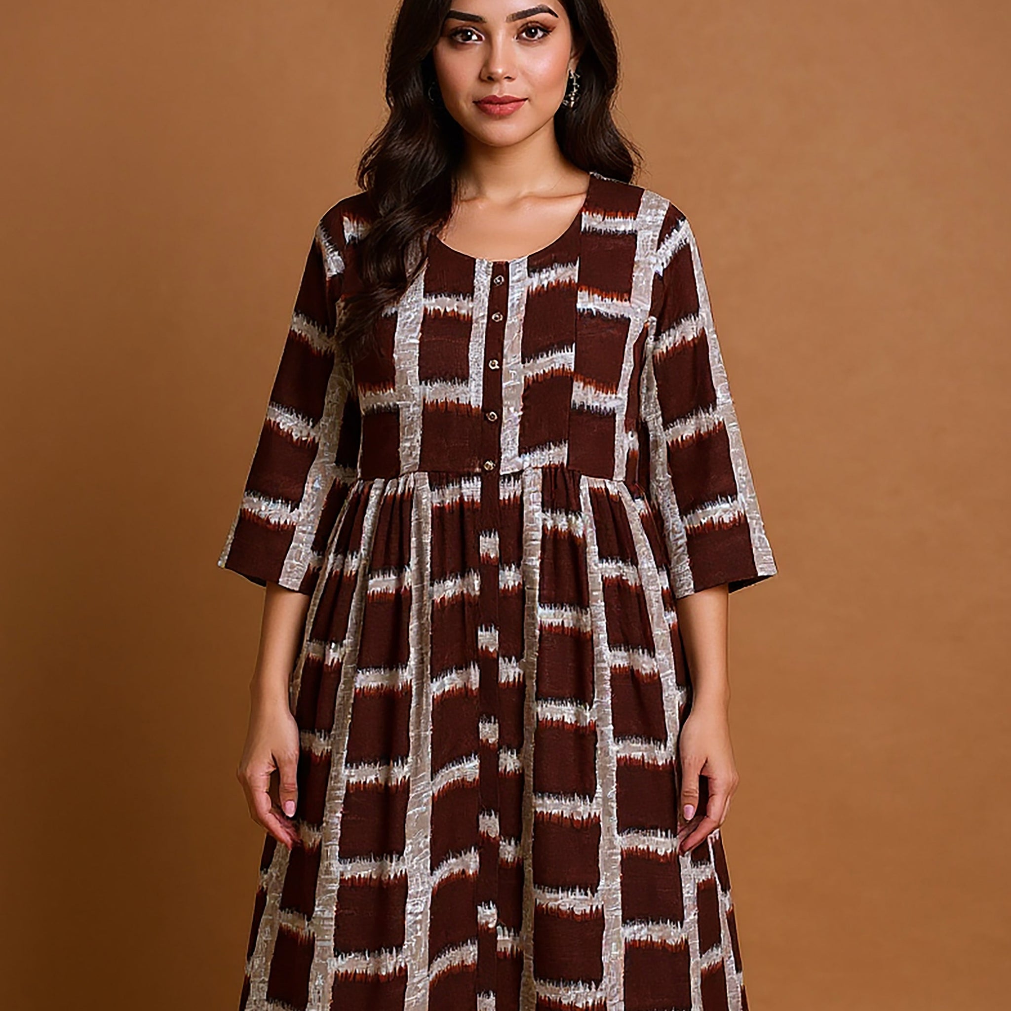 Maternity Wear - Brown Earthy Brown & Beige Block Print Button-Down Feeding Top