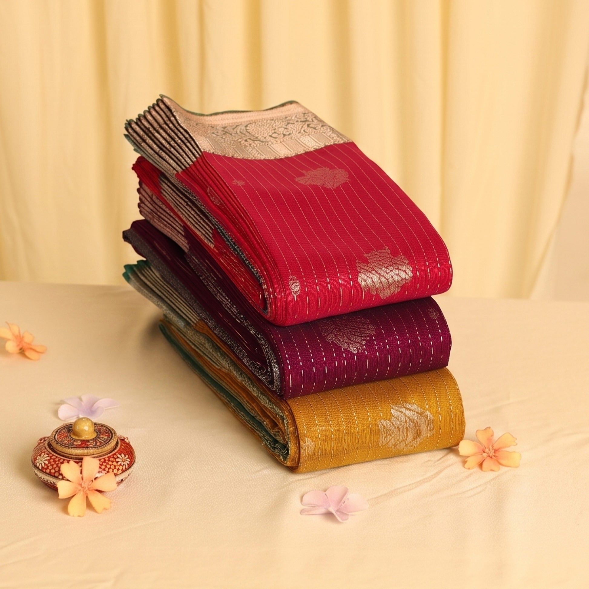 Elampillai silk cotton saree with silver zari floral buttas vertical stripes and contrast zari border folded stack view.