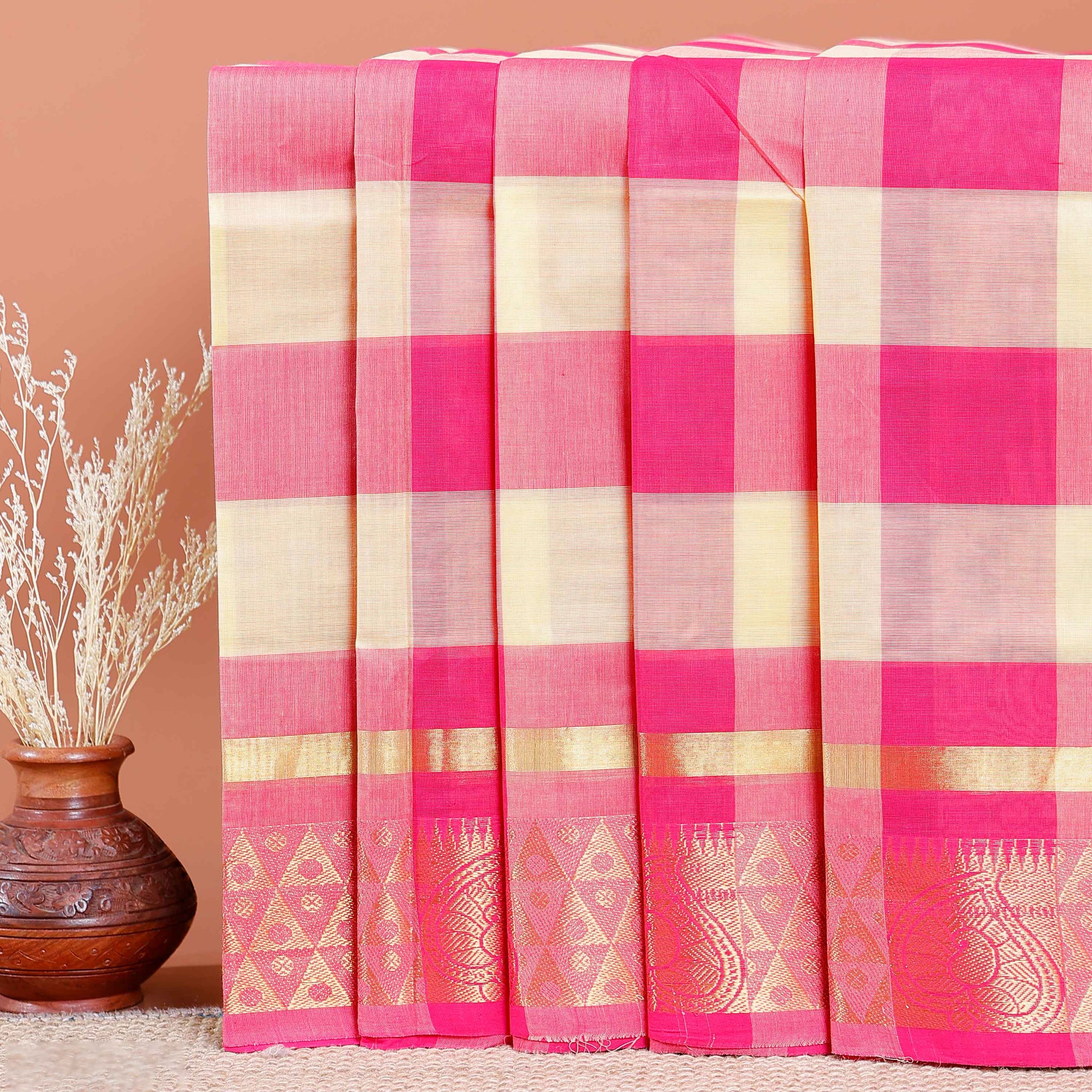 Chettinad Cotton Saree with Bold Checked Pattern and Zari Woven Border - Multi