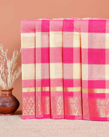 Chettinad Cotton Saree with Bold Checked Pattern and Zari Woven Border - Multi