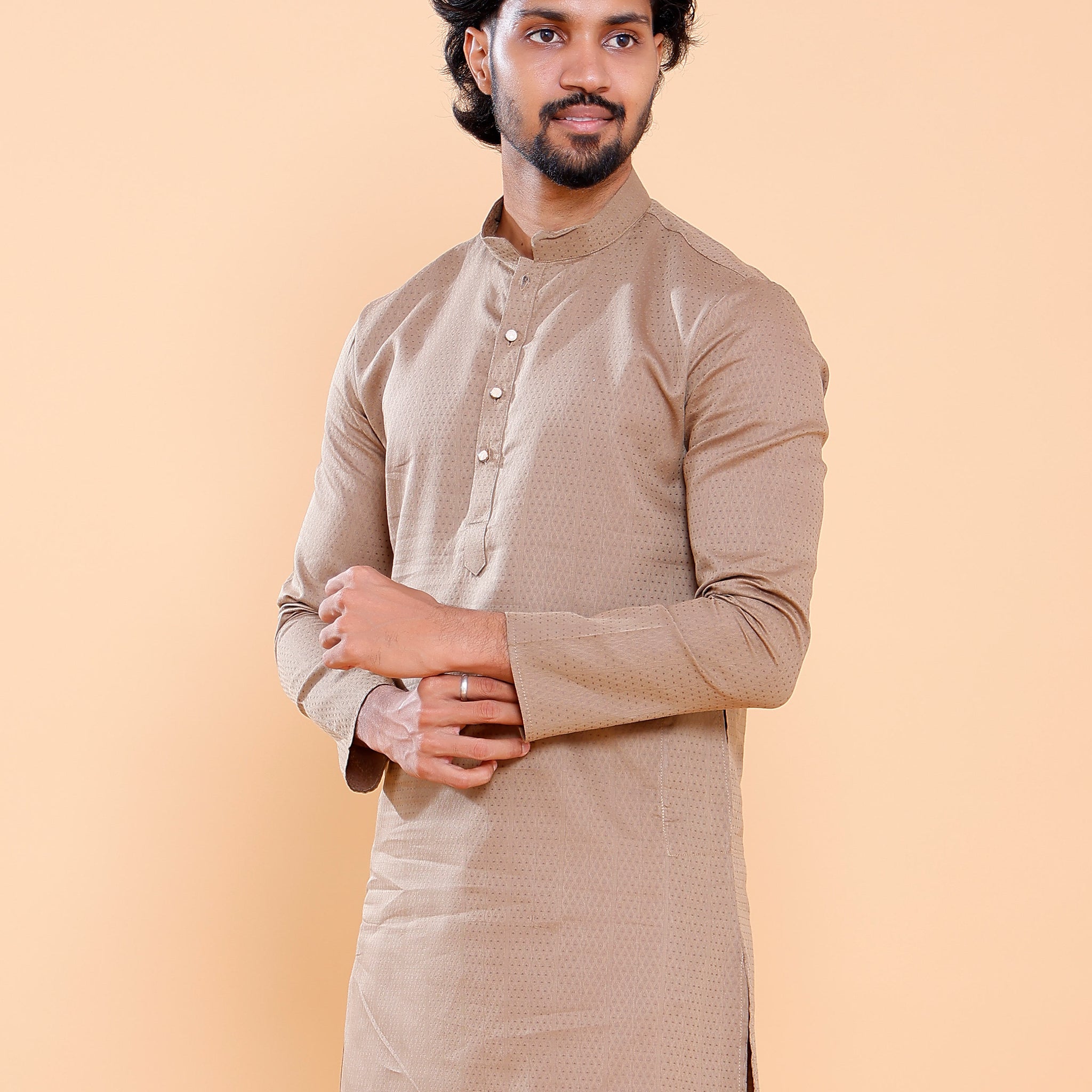 Elegant Men's Woven Design Kurta with Mandarin Collar and Full Sleeves - Light Brown