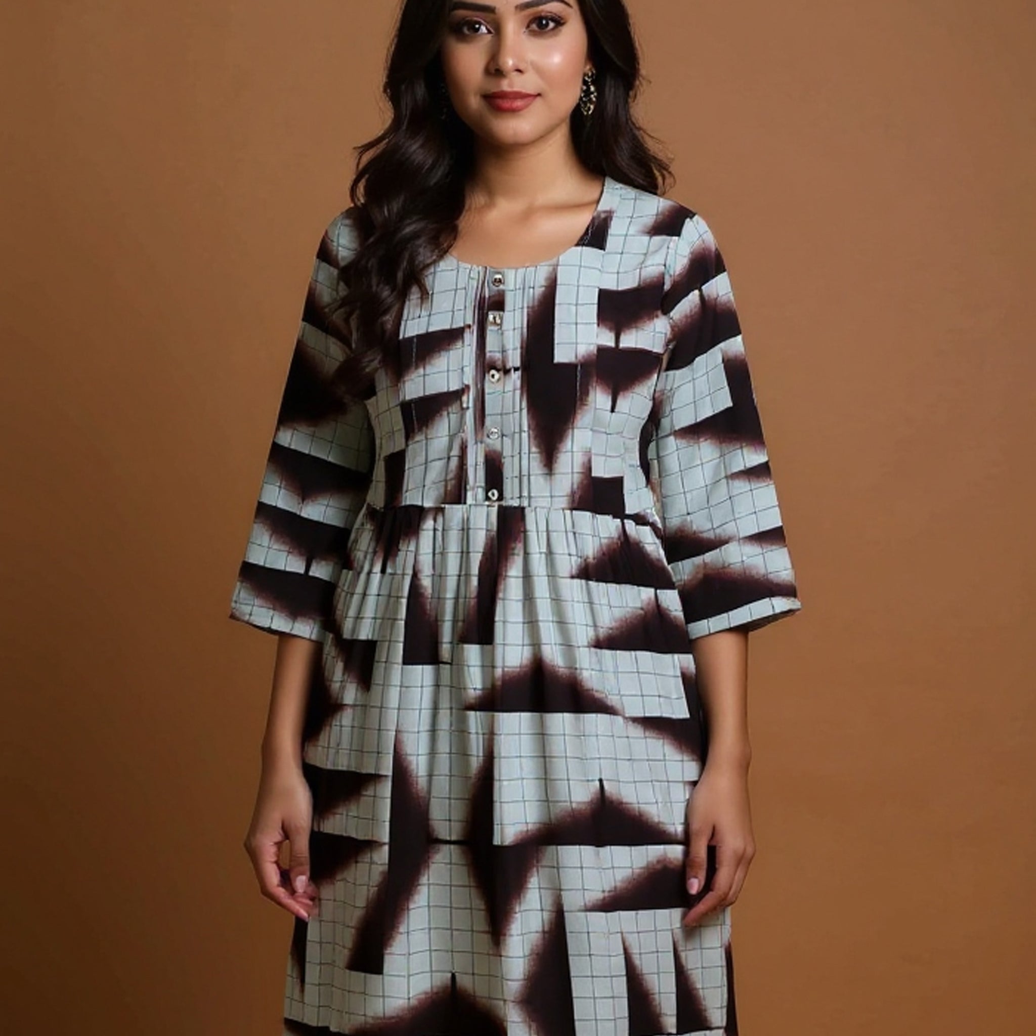 Maternity Wear  - Multi Modern Geometric Grid Print Button-Down Women's Feeding Top