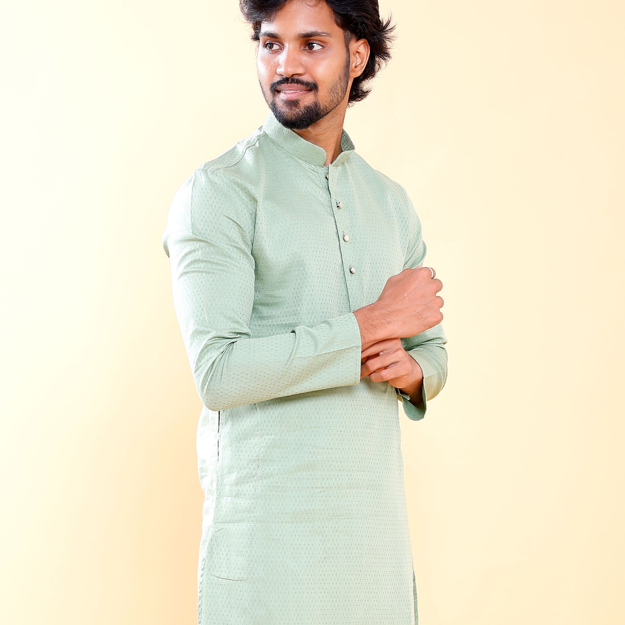 Elegant Men's Woven Design Kurta with Mandarin Collar and Full Sleeves - Green