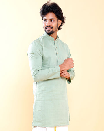 Elegant Men's Woven Design Kurta with Mandarin Collar and Full Sleeves - Green