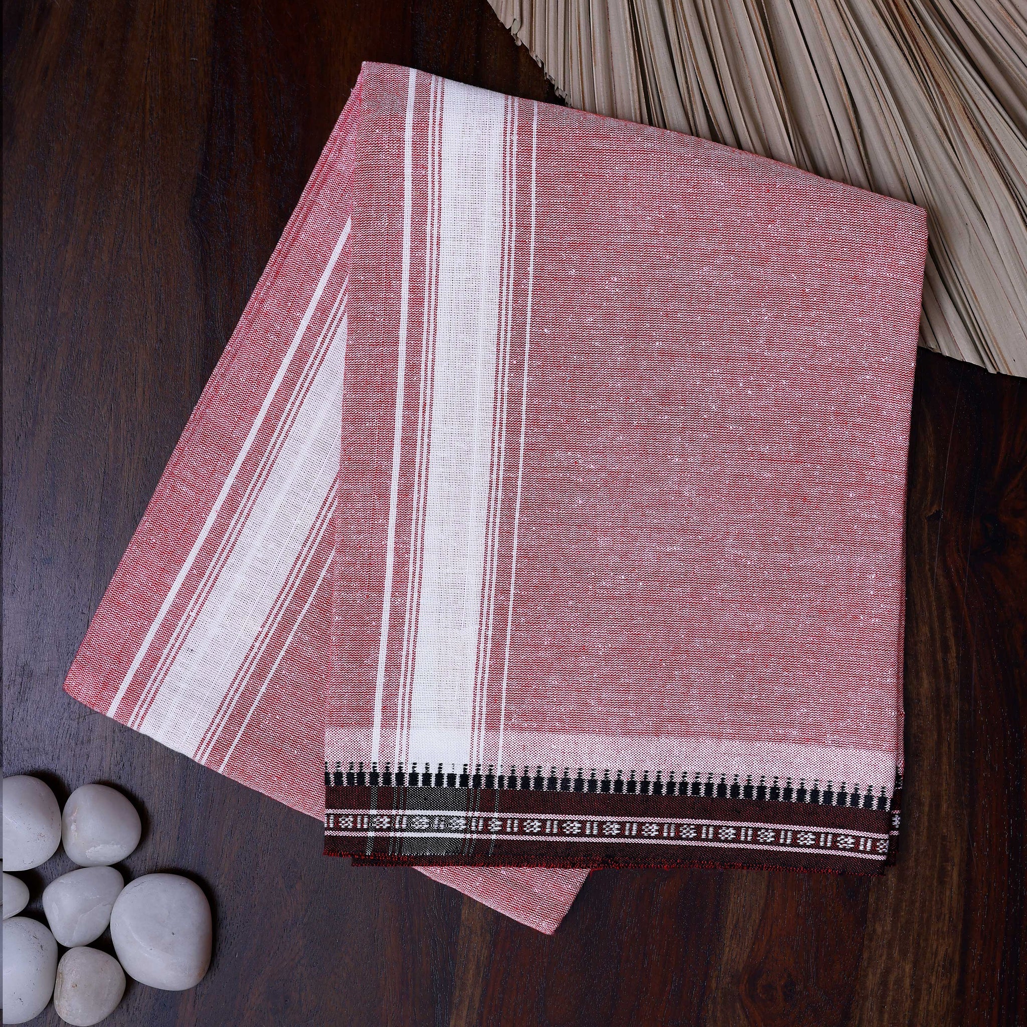 Men's Handloom Cotton Dhoti with Striped Pattern and Black Border - Light Red