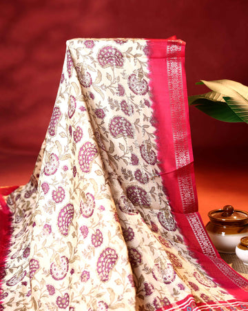 Elegant Dola Saree with Floral Butta Motifs and Classic Zari Woven Contrast Border - Cream