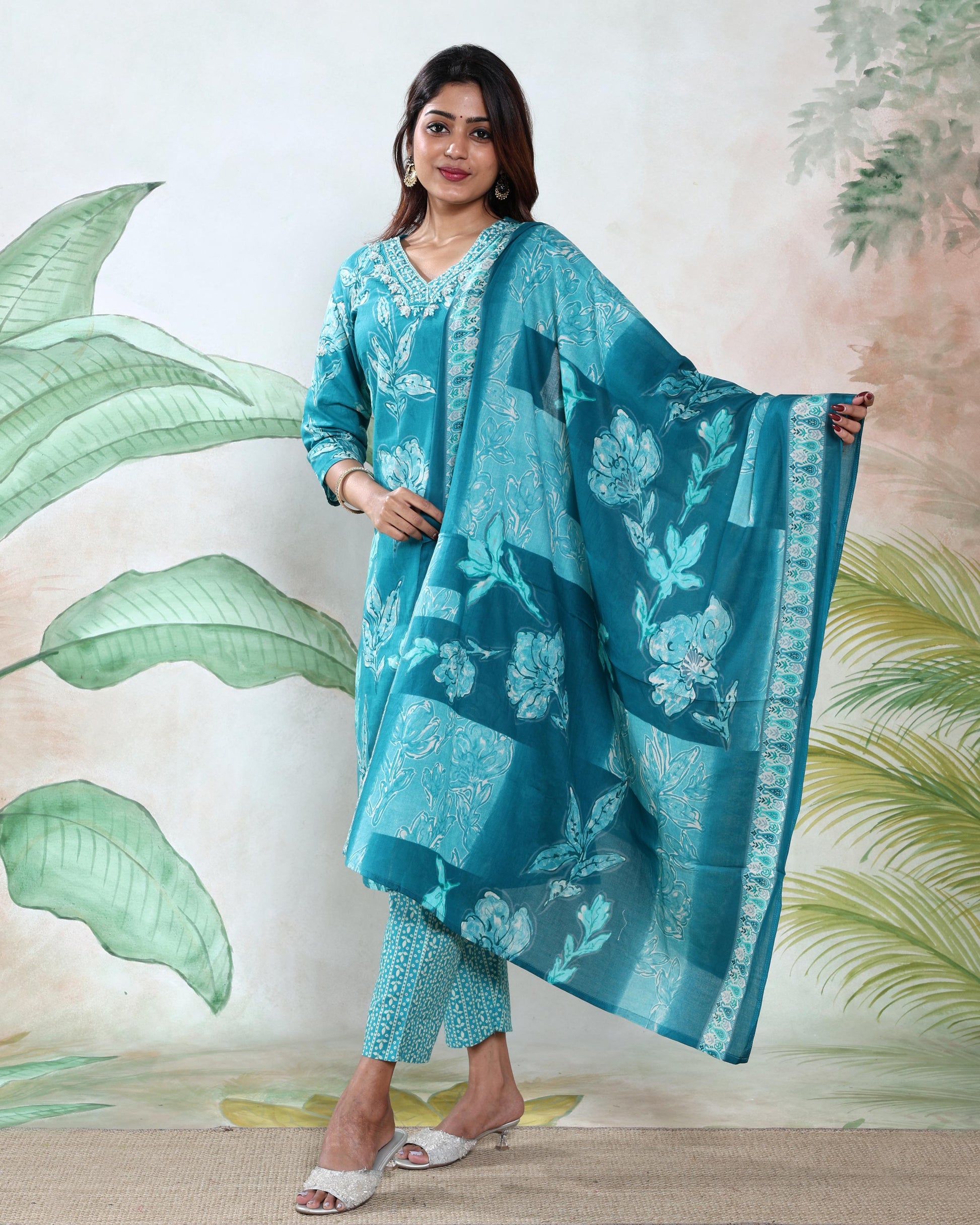 Women’s Polka Dot Printed Readymade Salwar Suit Set with Straight Kurta Matching Pants and Coordinated Dupatta, Apple Green