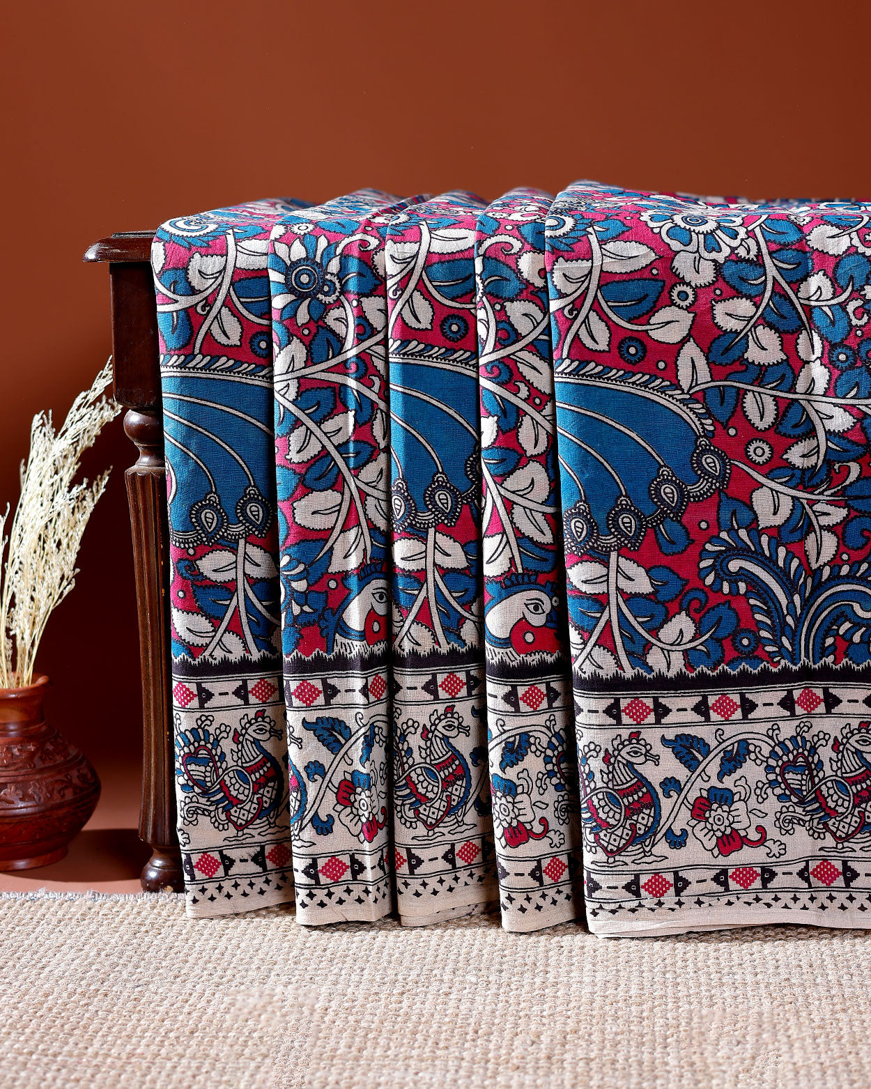 Traditional Handloom Kalamkari Cotton Saree with Intricate Floral and Avian Motifs -Blue