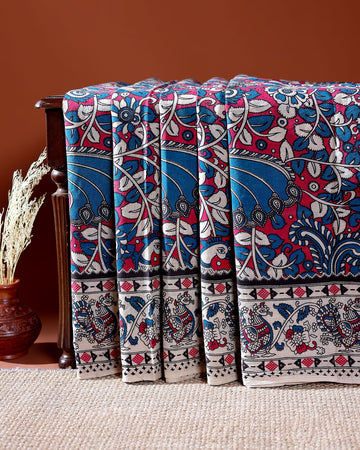 Traditional Handloom Kalamkari Cotton Saree with Intricate Floral and Avian Motifs -Blue