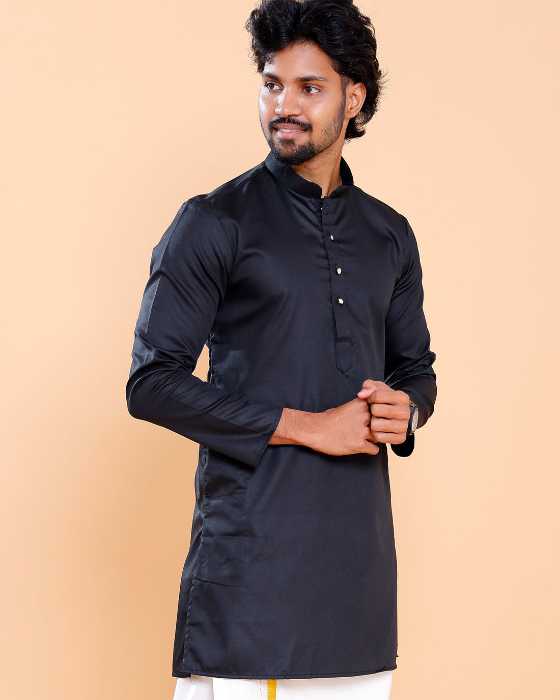 Elegant Men's Solid Mandarin Collar Kurta with Full Sleeves - Black