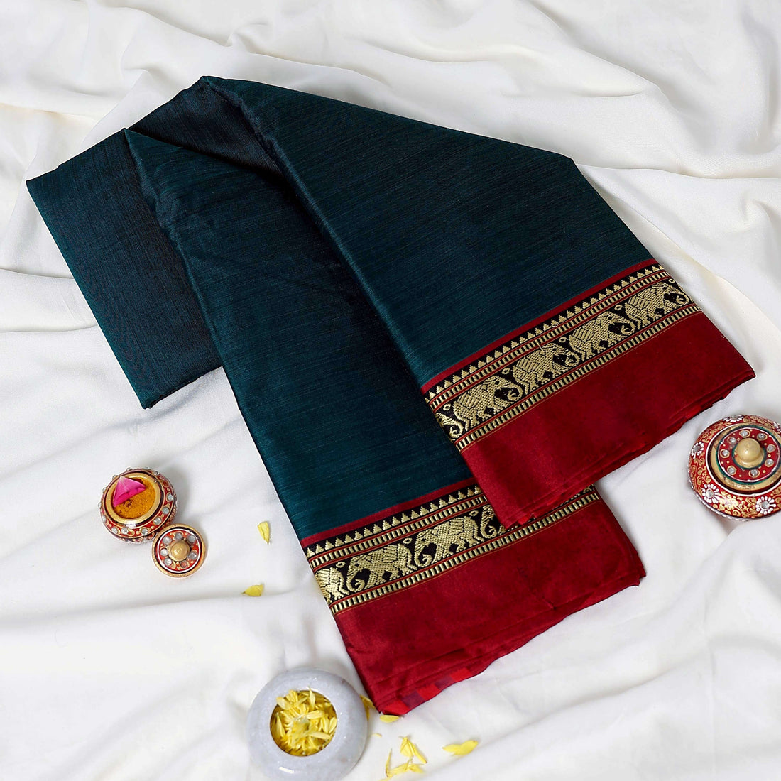 Teal Mangalagiri Cotton Saree with Maroon Border and Pallu - Full View