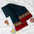Teal Mangalagiri Cotton Saree with  Maroon Border and Elephant Motif Zari Design