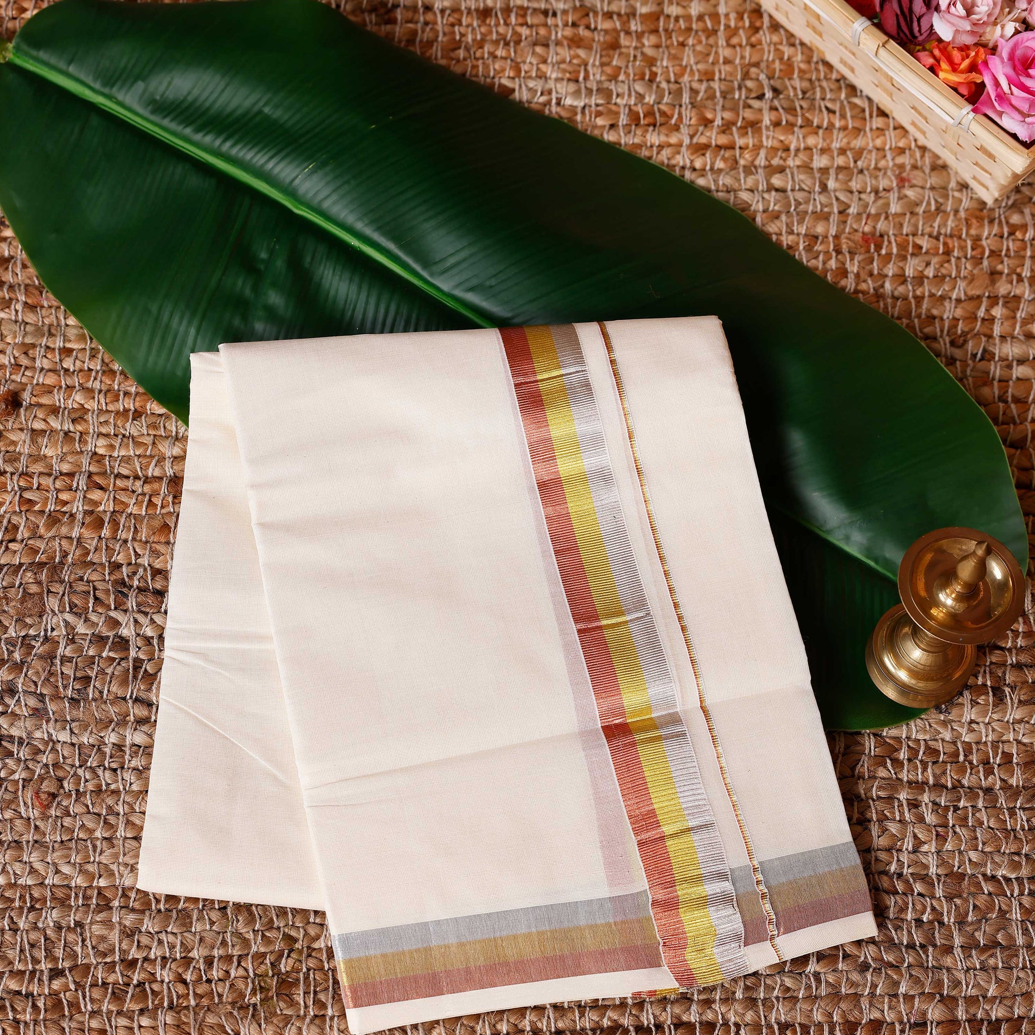Traditional Handwoven Cotton Dhoti with Multi Color Border and Elegant Finish - Off White
