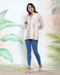 Women’s Leaf Print Collared A-Line Kurti with 3/4th  Sleeves and Button-Down Front, Light Yellow