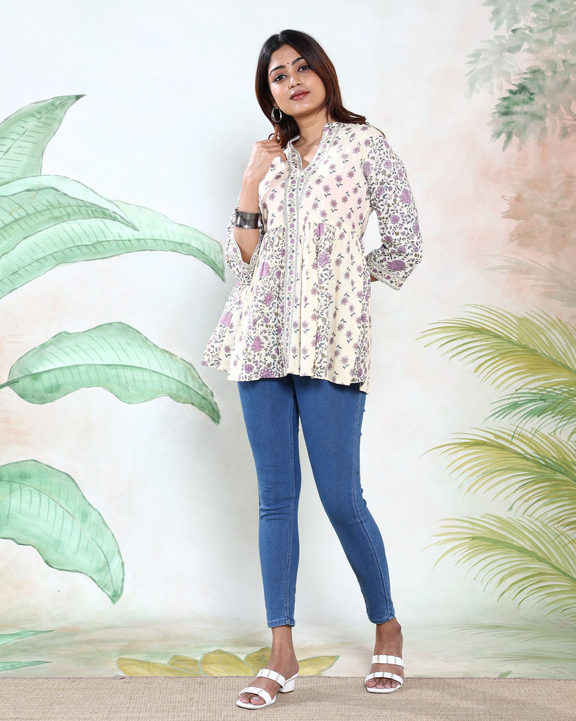 Women’s Leaf Print Collared A-Line Kurti with 3/4th  Sleeves and Button-Down Front, Light Yellow