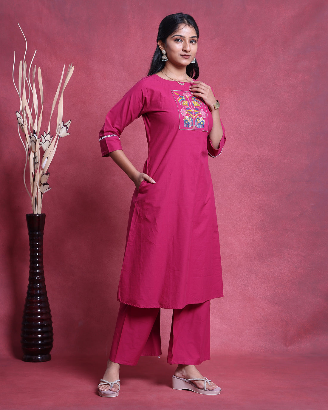Women’s Elegant Straight Kurta Set with Intricate Embroidered Yoke 3/4th Sleeves and Comfortable Coordinated Pants
