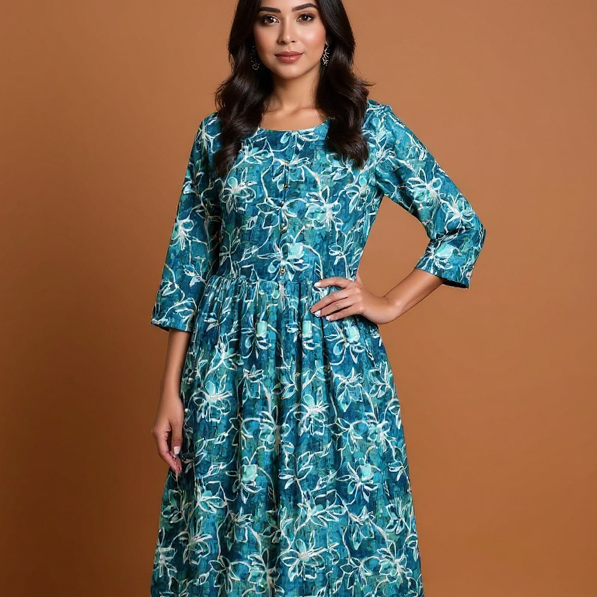 Maternity Wear - Elegant Teal Floral Print Button-Down Women's Feeding Top