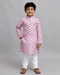 Boys green kurta adorned with traditional Bandhani-inspired patterns in red and gold., Purple
