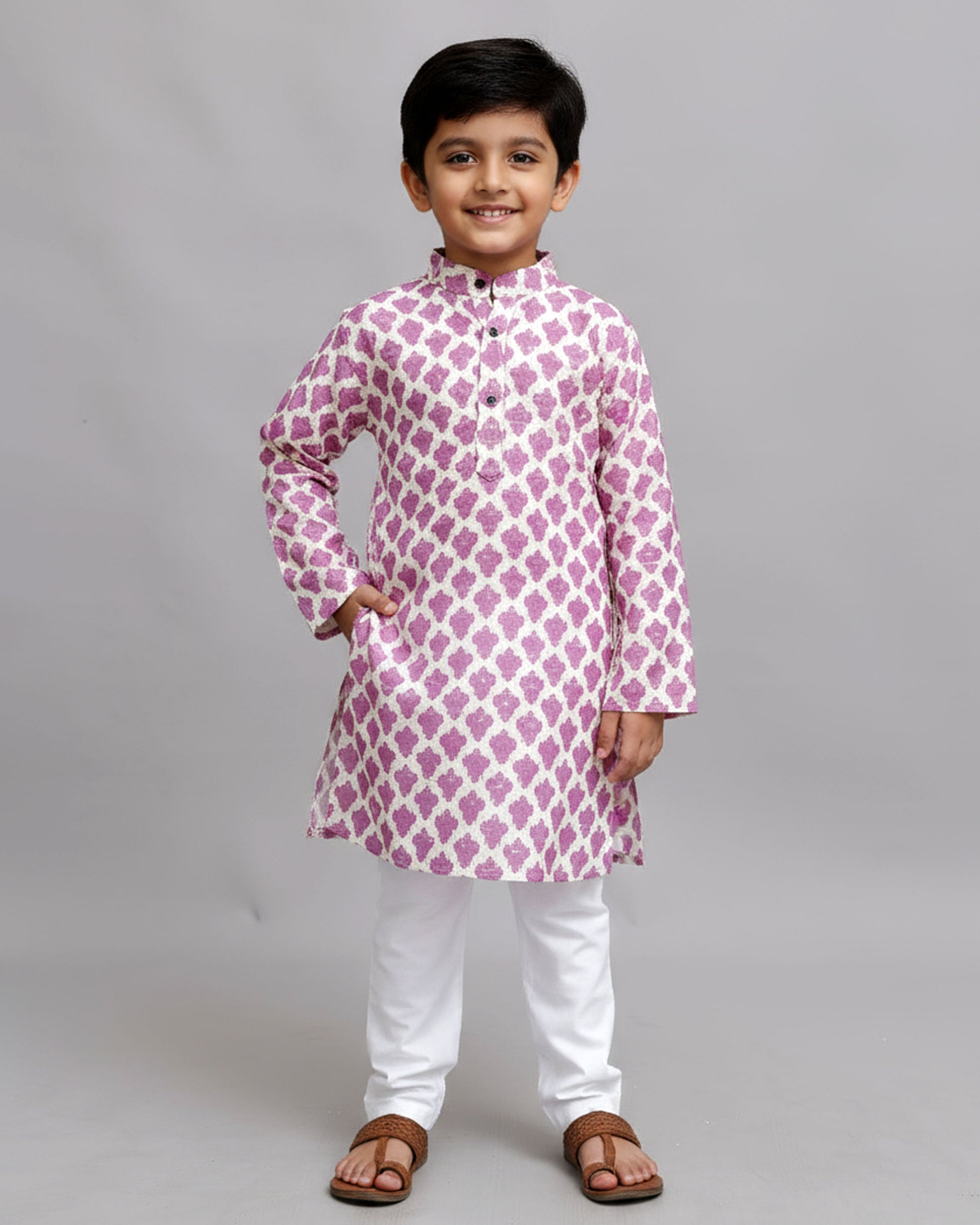 Boys green kurta adorned with traditional Bandhani-inspired patterns in red and gold., Purple